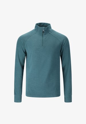 Tropicalgrüner Pullover mit langen Ärmeln und kurzer Reißverschluss-Kopföffnung, aus einem weichen, strukturierten Stoff und mit Raglanärmeln. Schlichtes Design, geeignet zum Layering.