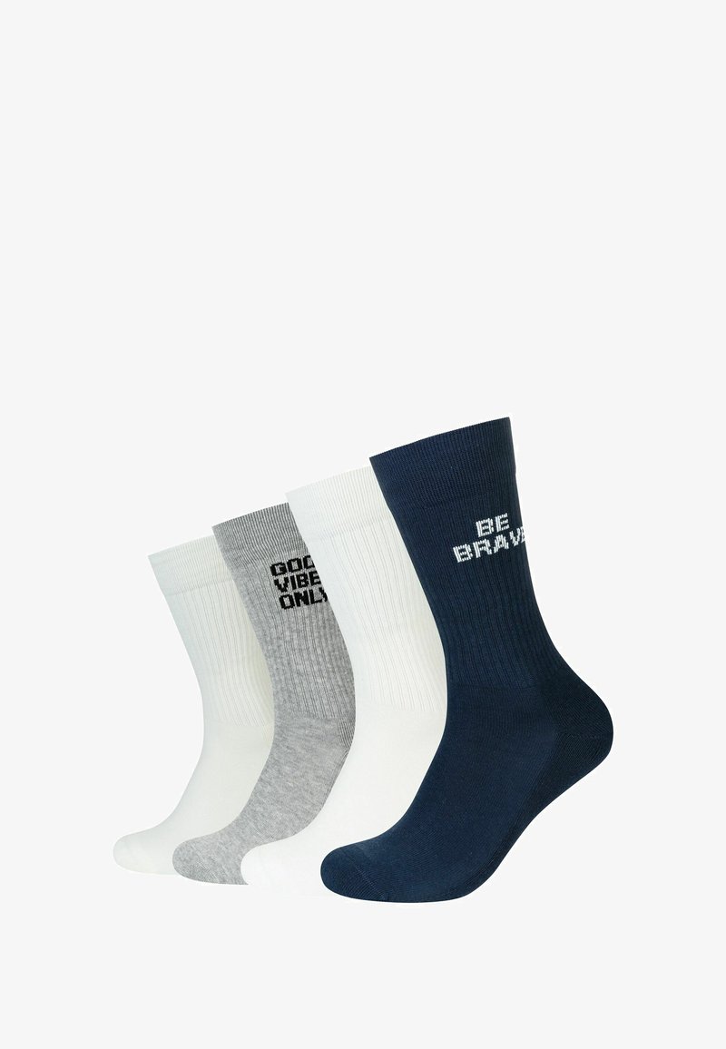 Quattro paia di calzini alla caviglia in navy, bianco, grigio e grigio chiaro; presentano una texture a coste e motivi testuali: "SII CORAGGIOSO" e "SOLO BUONE VIBRAZIONI."