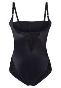 Body nero con spalline regolabili, tessuto liscio, dettagli in pizzo sul davanti e sui lati, forma aderente e scollatura classica.