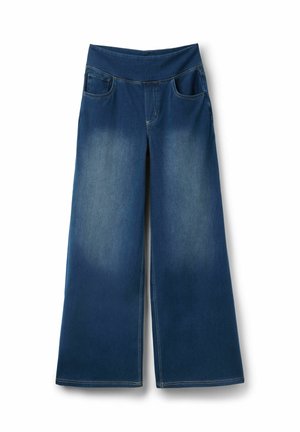 Pantaloni in denim a gamba larga di colore blu scuro con una texture liscia, dotati di due tasche frontali e un alto punto vita. Sbiadimenti vicino all'orlo.