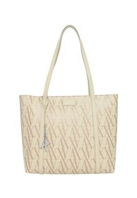 Borsa tote beige con finitura lucida, caratterizzata da un motivo logo ripetuto in rosa chiaro, doppio manico e un ciondolo in acciaio inox.