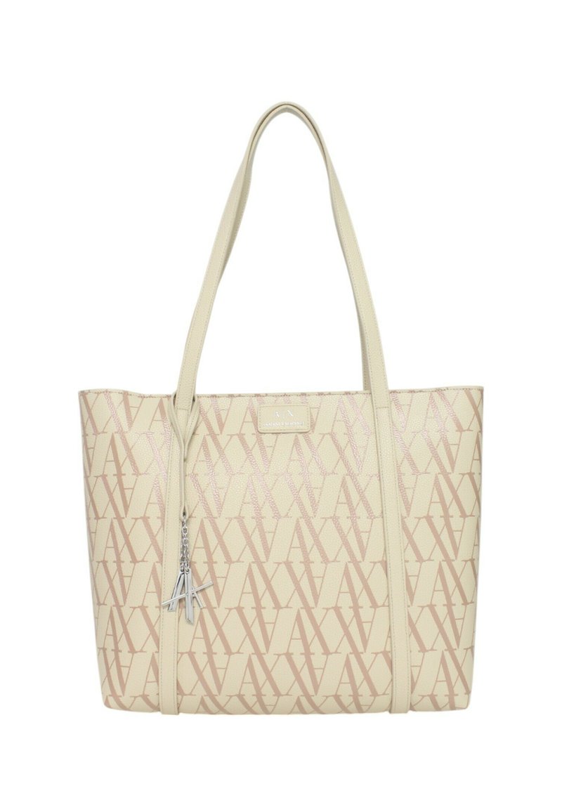 Borsa tote beige con finitura lucida, caratterizzata da un motivo logo ripetuto in rosa chiaro, doppio manico e un ciondolo in acciaio inox.