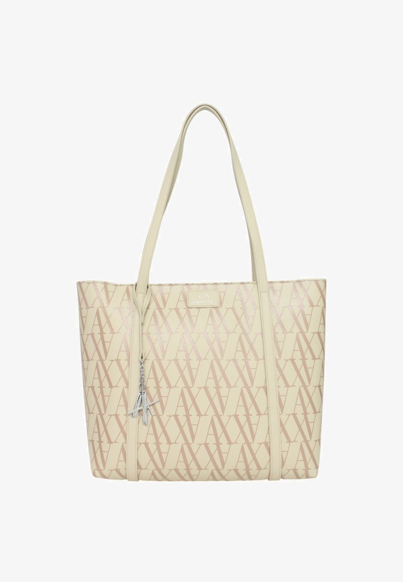 Borsa tote beige con finitura lucida, caratterizzata da un motivo logo ripetuto in rosa chiaro, doppio manico e un ciondolo in acciaio inox.