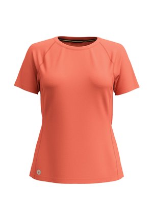Short-sleeve coral athletic t-shirt with a crew neck, made from moisture-wicking fabric, featuring raglan sleeves and a subtle logo accent.
