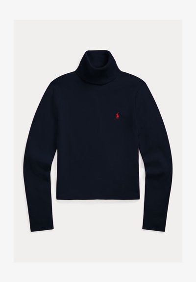 Μαύρο πουλόβερ με μακρύ μανίκι και ζιβάγκο, με κόκκινο κεντητό λογότυπο στο αριστερό στήθος.