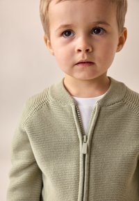 Cardigan en maille vert clair avec fermeture éclair à l'avant, col côtelé et motif texturé. Porté sur une chemise blanche, avec une coupe décontractée.