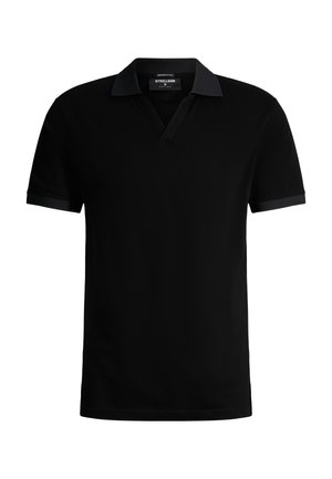Schwarzes kurzärmeliges Poloshirt mit Kragen und V-Ausschnitt, aus mercerisierter Baumwolle, Markenetikett im Krageninneren sichtbar.