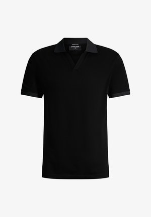Zwart polohemd met korte mouwen, een kraag en V-hals, gemaakt van gemerceriseerde katoen, merklabel zichtbaar aan de binnenkant van de kraag.