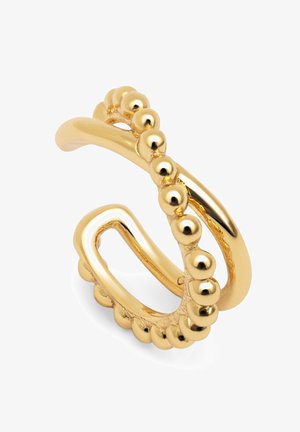 Goldring mit einem gedrehten Design, das glatte und perlenförmige Abschnitte aufweist; polierte Oberfläche mit glänzendem Finish und modernem Shape.