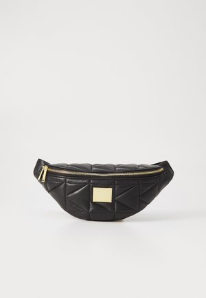 Black quilted leather fanny pack with a gold zipper, triangular pattern, and a rectangular metallic logo plate on the front.