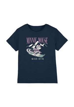 Navy blue t-shirt with graphic of Minnie Mouse skiing in pink outfit, mountains in background, text "MINNIE MOUSE" and "SKI CLUB - EST 1928."