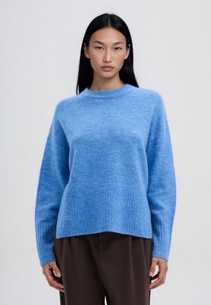 Donna con capelli lunghi e neri che indossa un maglione azzurro chiaro a coste e pantaloni marrone scuro, in piedi davanti a uno sfondo chiaro e uniforme.