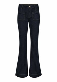 Jeans a vita alta blu scuro a campana con tasche anteriori a toppa, passanti per cintura e chiusura con bottone.