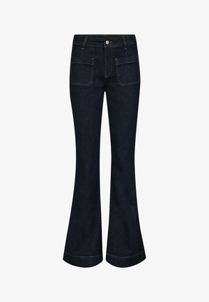 Temno modri flare jeans s visokim pasom, sprednjimi žepi, zankami za pas in gumbom za zapiranje.