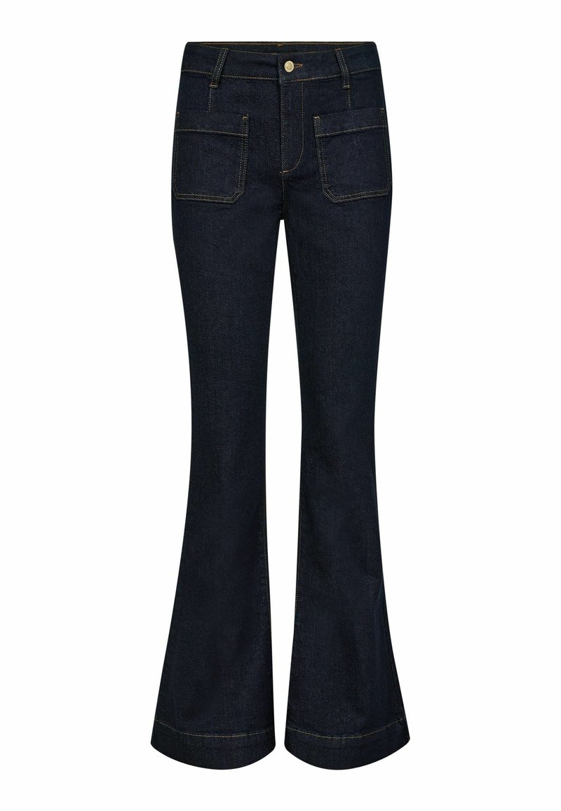 Jeans a vita alta blu scuro a campana con tasche anteriori a toppa, passanti per cintura e chiusura con bottone.
