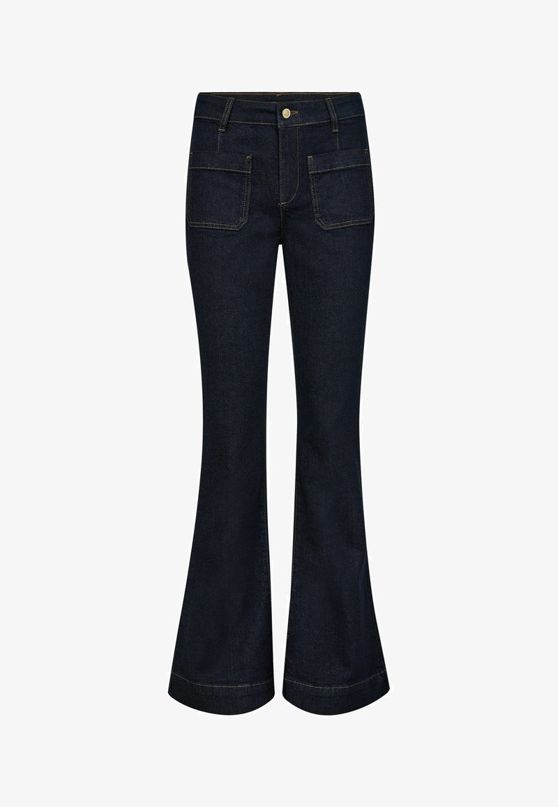 Dark blue high-waist flare jeans with front patch pockets, belt loops, and a button closure.