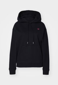 Felpa con cappuccio blu navy in cotone. Dotata di tasca frontale, cappuccio con cordini e un piccolo logo rosso ricamato sul petto.