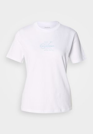 White cotton t-shirt with short sleeves, featuring a light blue "Calvin Klein" logo and graphic at the center chest area.