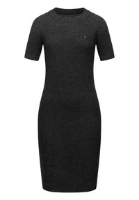 Schwarzes, kurzärmliges Strickkleid mit Rundhalsausschnitt, taillierter Silhouette und subtilen Strukturmuster, das ein kleines Logo auf der Brust trägt.