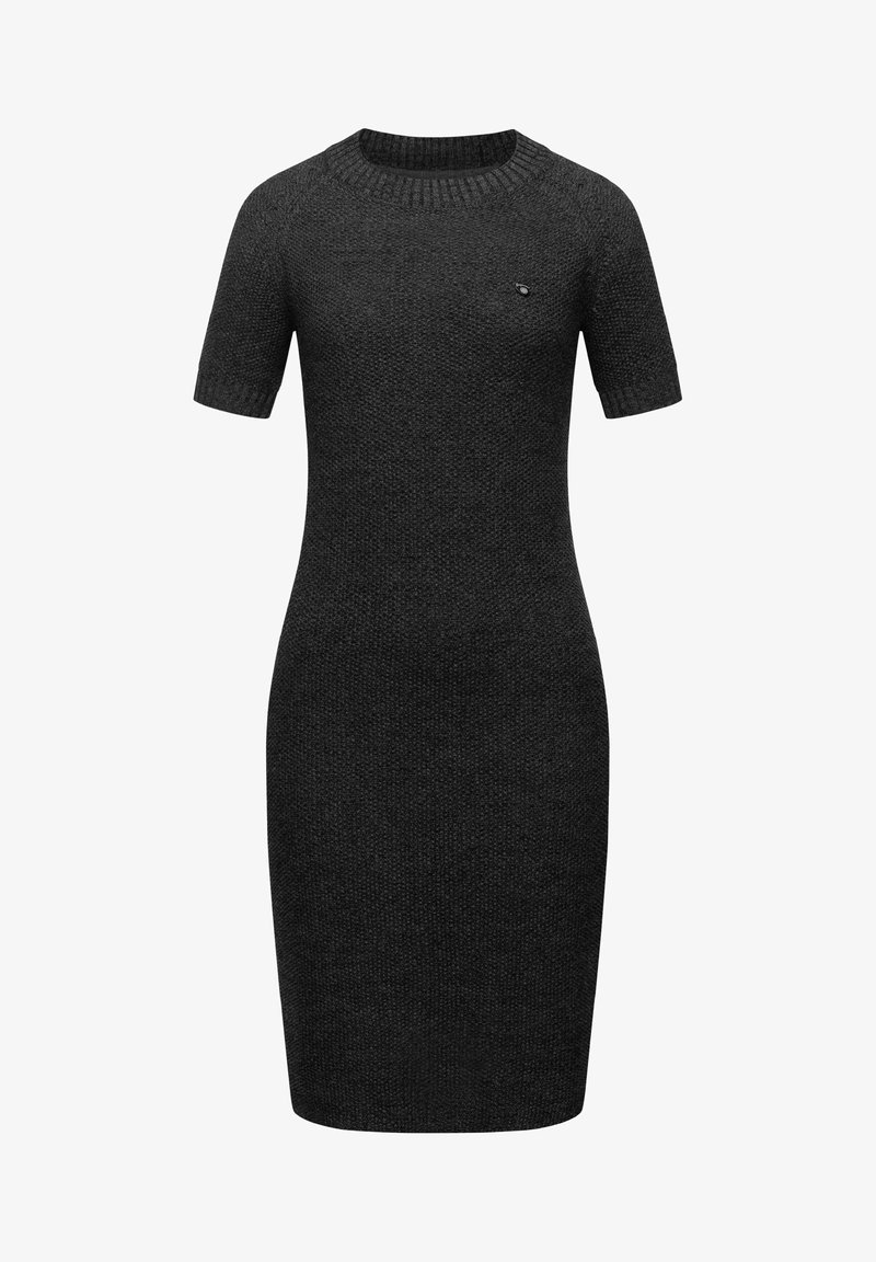 Vestido de punto negro de manga corta con un escote redondo, silueta ajustada y un patrón texturizado sutil, que presenta un pequeño logo en el pecho.