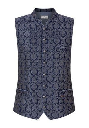 Marineblaue ärmellose Weste mit silbernem floralen Brokatmuster, Stehkragen, sechs Metallknöpfen und drei Einschubtaschen mit Paspel.
