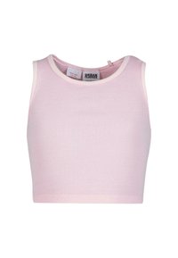 Lys rosa ribbet cropped tanktop med rund halslinje og ermeless design, merket Urban Classics, liggende flatt på hvit bakgrunn.
