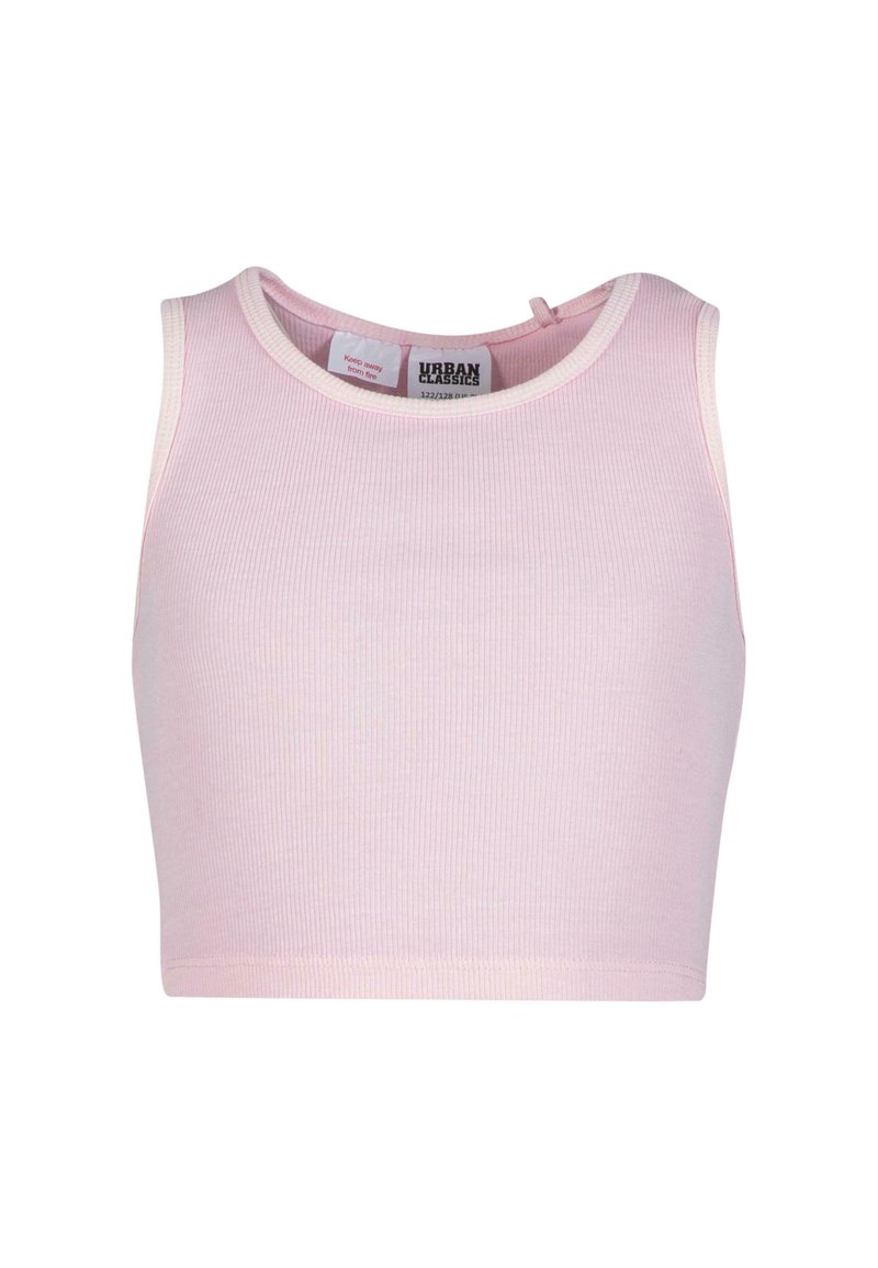 Lys rosa ribbet cropped tanktop med rund halslinje og ermeless design, merket Urban Classics, liggende flatt på hvit bakgrunn.