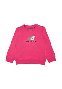 Felpa rosa con maniche lunghe, design a girocollo, polsini e orlo a coste. Presenta un logo bianco "New Balance" al centro. Texture morbida.