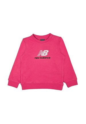 Felpa rosa con maniche lunghe, design a girocollo, polsini e orlo a coste. Presenta un logo bianco "New Balance" al centro. Texture morbida.