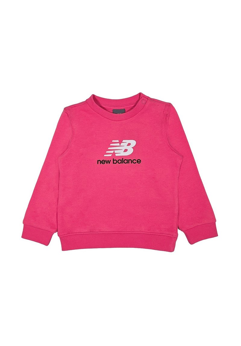 Felpa rosa con maniche lunghe, design a girocollo, polsini e orlo a coste. Presenta un logo bianco "New Balance" al centro. Texture morbida.