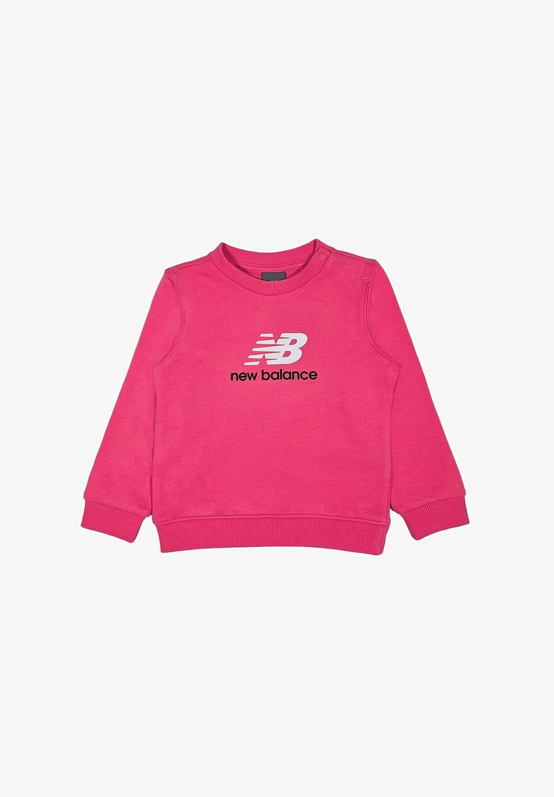 Felpa rosa con maniche lunghe, design a girocollo, polsini e orlo a coste. Presenta un logo bianco "New Balance" al centro. Texture morbida.