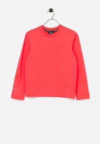 Langarmshirt aus leuchtend korallenfarbenem Stoff. Verfügt über einen runden Halsausschnitt und gestickte Akzente. Enthält ein Logo in kontrastierender Farbe in der Nähe des cuffs.