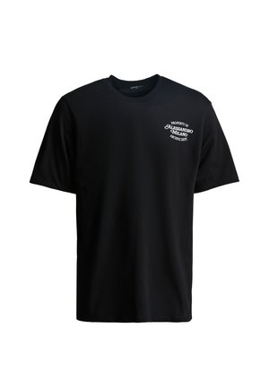 Schwarzes Baumwoll-T-Shirt mit rundem Ausschnitt und kurzen Ärmeln. Auf der Vorderseite steht in weißer Schrift "EIGENTUM DER ALESSANDRO MILANO ARCHIVABTEILUNG."