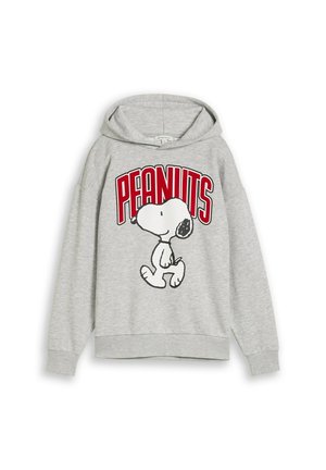 Sweat à capuche gris clair avec un motif de Snoopy qui marche et le mot "PEANUTS" en grandes lettres rouges au-dessus.