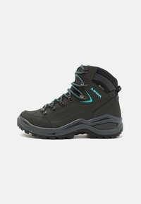 Bottes de randonnée montantes en gris foncé avec des lacets bleu clair. Caractéristiques : membrane imperméable, semelle en caoutchouc robuste et col rembourré.