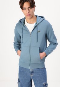 Hoodie zippé bleu clair en tissu doux, avec une poche kangourou, une capuche réglable et un petit logo sur la poitrine gauche.