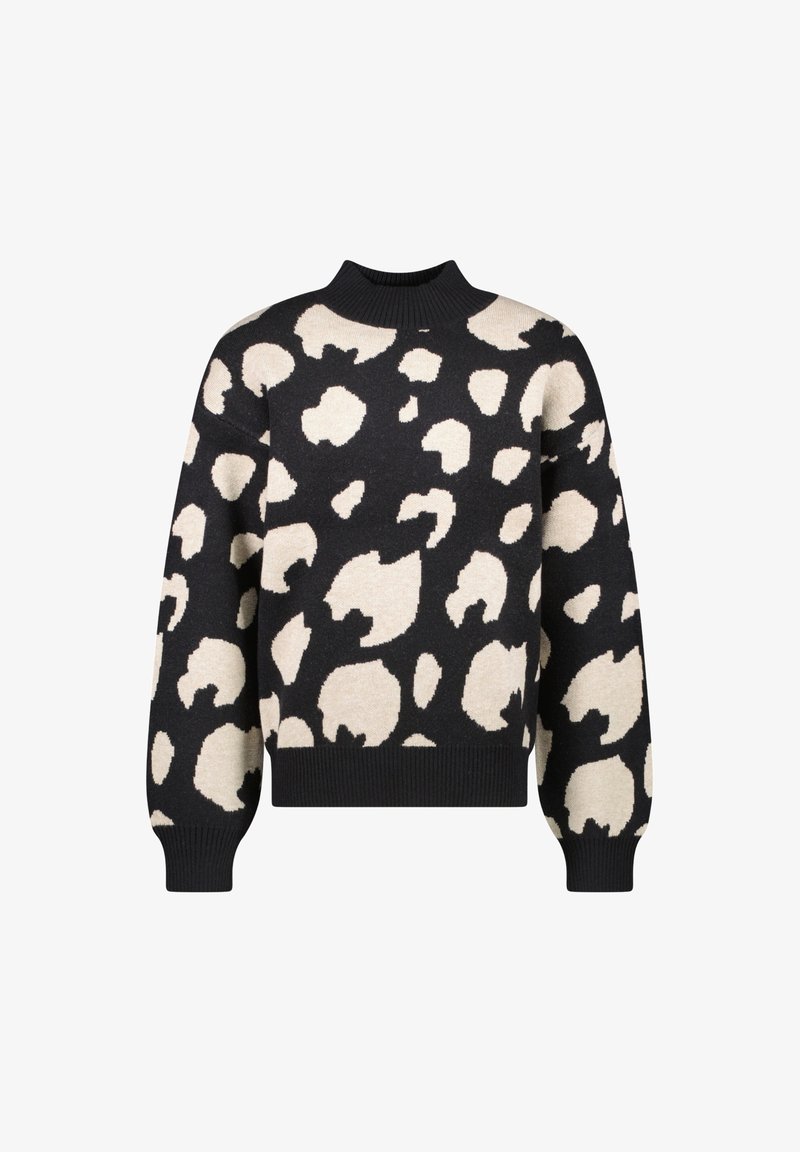 Zwarte trui met een crèmekleurig luipaardprint ontwerp, geribde ronde halslijn en manchetten, gemaakt van een zachte, gestructureerde brei stof.