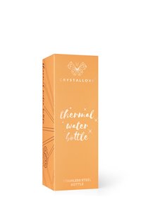 Opakowanie butelki termalnej w kolorze pomarańczowym, z białym tekstem; geometryczne logo motyla; oznaczenie ze stali nierdzewnej; smukły prostokątny kształt.