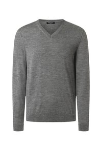 Grauer V-Ausschnitt-Pullover aus gestricktem Stoff. Verfügt über lange Ärmel sowie gerippte Bündchen und Saum, mit einer glatten Textur und minimalistischem Design.