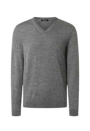 Grauer V-Ausschnitt-Pullover aus gestricktem Stoff. Verfügt über lange Ärmel sowie gerippte Bündchen und Saum, mit einer glatten Textur und minimalistischem Design.