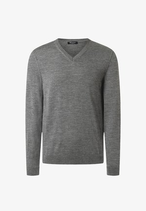 Harmaa V-paita, joka on valmistettu neulotusta kankaasta. Siinä on pitkät hihat sekä ribbireunat hihoissa ja helmassa, ja sen pinta on sileä ja vähäeleinen.