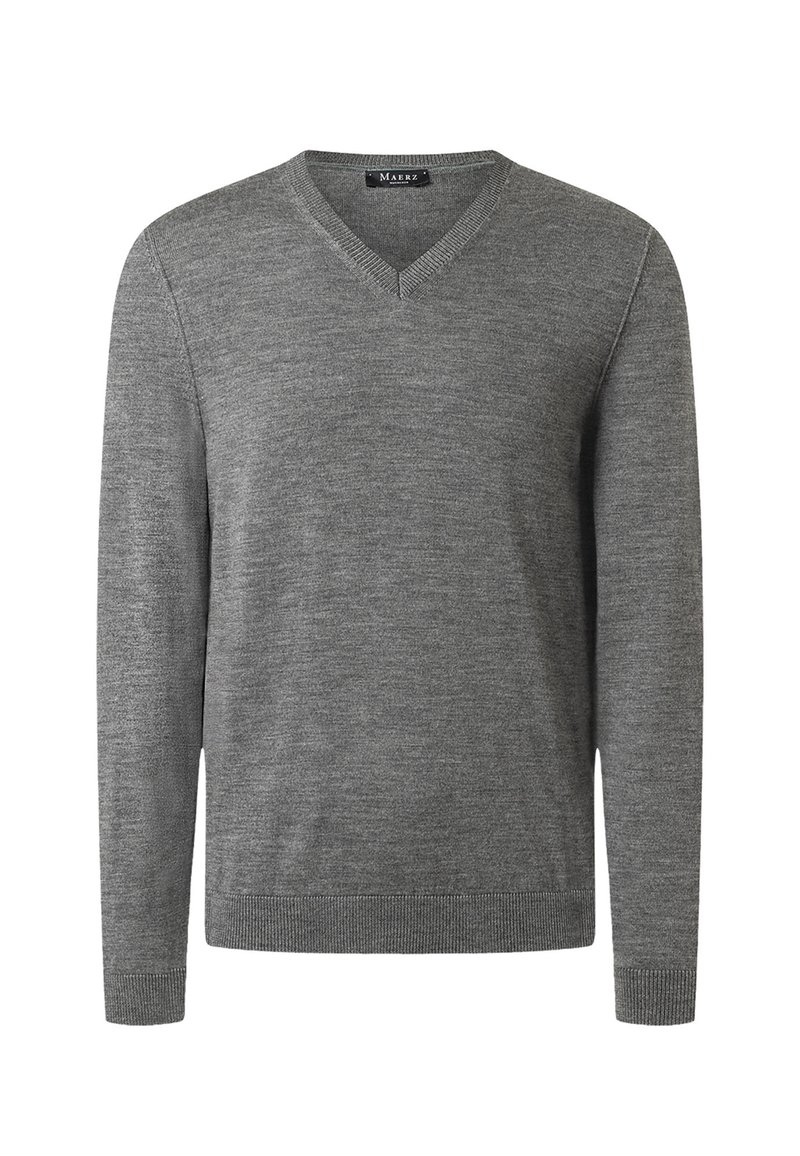 Grauer V-Ausschnitt-Pullover aus gestricktem Stoff. Verfügt über lange Ärmel sowie gerippte Bündchen und Saum, mit einer glatten Textur und minimalistischem Design.