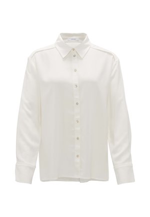 Camicia bianca con bottoni realizzata in tessuto liscio, con colletto classico, maniche lunghe e bottoni simili a perle sul davanti.