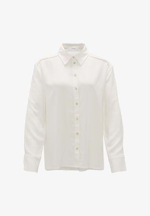 Weißes Hemd mit Knopfverschluss aus glattem Stoff, mit klassischem Kragen, langen Ärmeln und perlenähnlichen Knöpfen auf der Vorderseite.