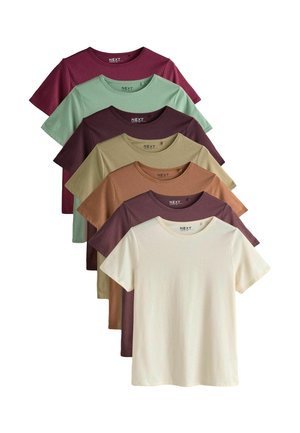 Set aus sieben Kurzarm-T-Shirts in verschiedenen Farben: burgunderrot, grün, beige, braun und creme. Hergestellt aus weichem Stoff mit Rundhalsausschnitt.