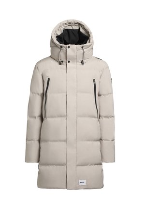 Lys beige puffjakke med en indsnøret hætte, lynlåslommer og et quiltet design, der har mørke accenter og en justerbar snor.