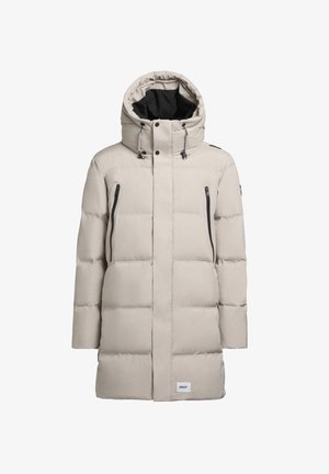 Jasno beżowa kurtka puchowa z ściąganym kapturem, zamykanymi kieszeniami i pikowanym wzorem, z ciemnymi akcentami i regulowanym sznurkiem.