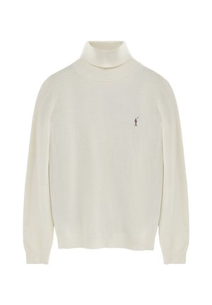Cremefarvet rullekrave-trøje med lange ærmer, lavet af blødt stof. Har et lille brunt logo på brystet og ribstrikket krave og kant.