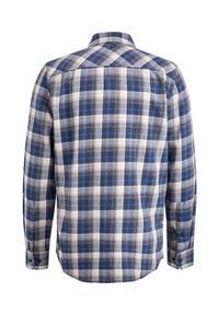 Geverifieerd overhemd met blauwe, witte en grijze tinten, lange mouwen, een button-down kraag en een afgeronde zoom. Gewatteerde stof met een geruite patroon.