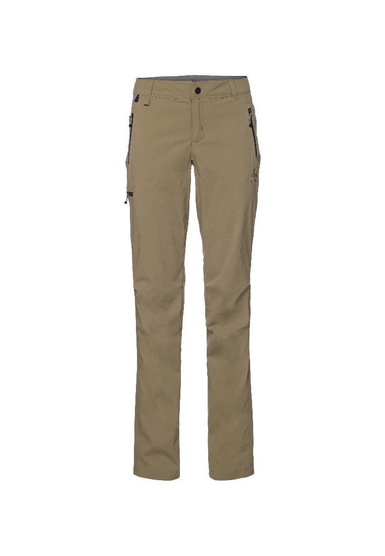 Beige Outdoor-Hosen mit schmalem Schnitt, aus leichtem Material, mit zwei seitlichen Reißverschlusstaschen und einem Knopfverschluss.